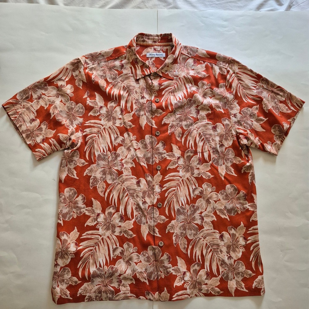 Tommy Bahama Mens Large Silk Floral Hibiscus Button Down Shirt Burnt Orange